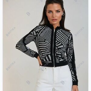 Joseph Ribkoff Long Sleeve Zip Up Shirt Abstract Size 2 Stretch Top Blouse